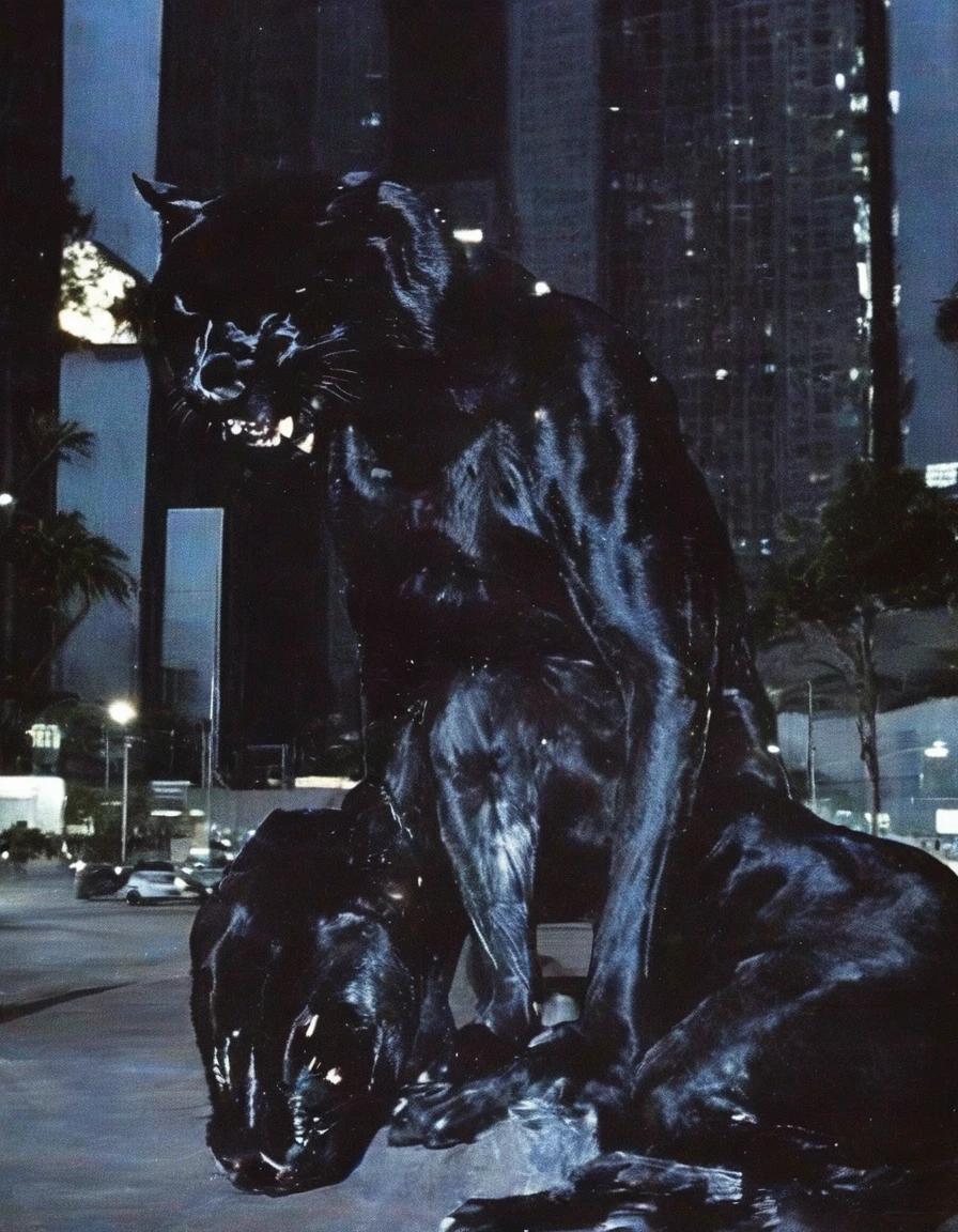 sits near giant black panther on bangkok street at night