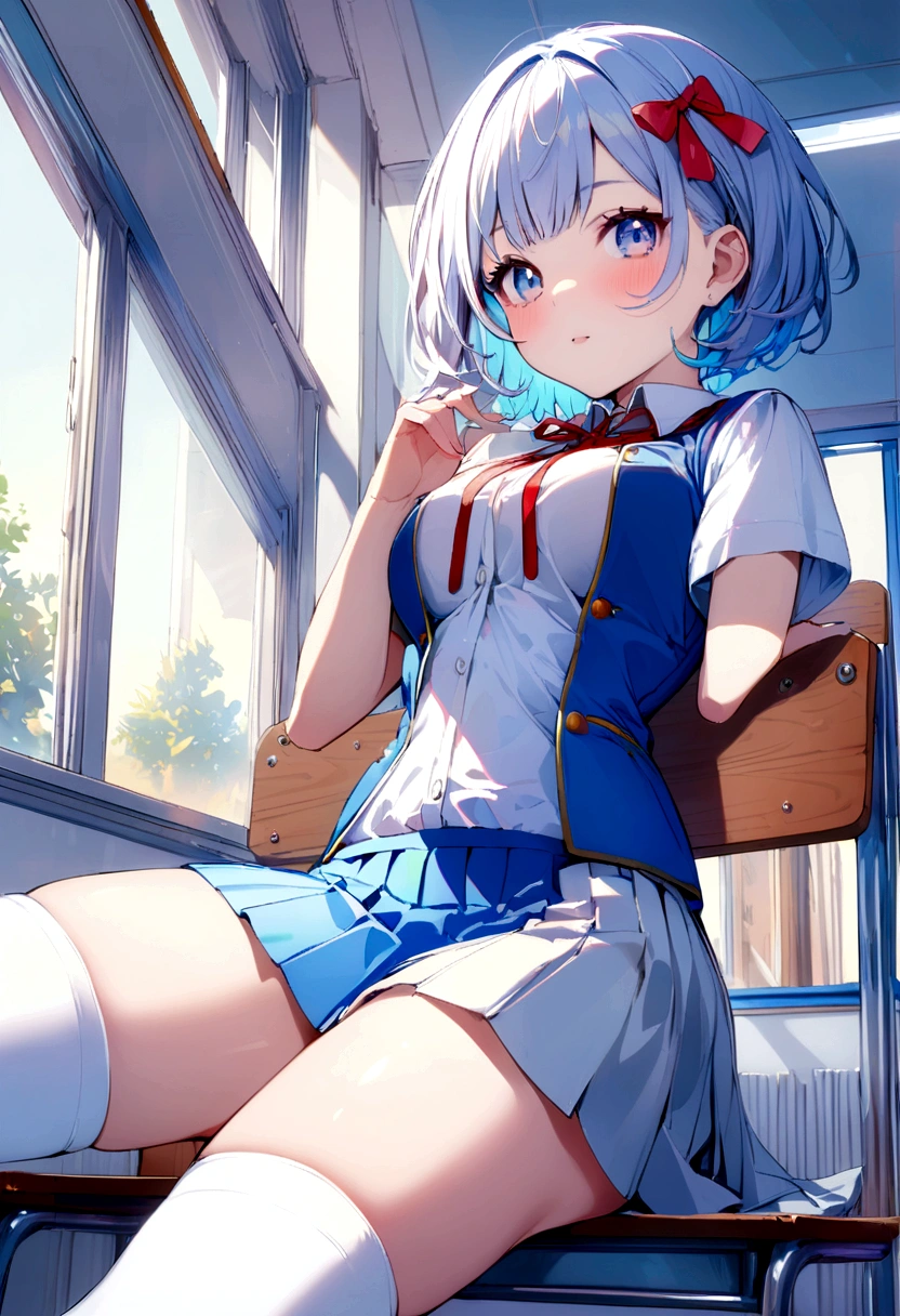 Girl, short hair, blue, eyes, blue, white , short skirt, white stockings, red ribbon, in school