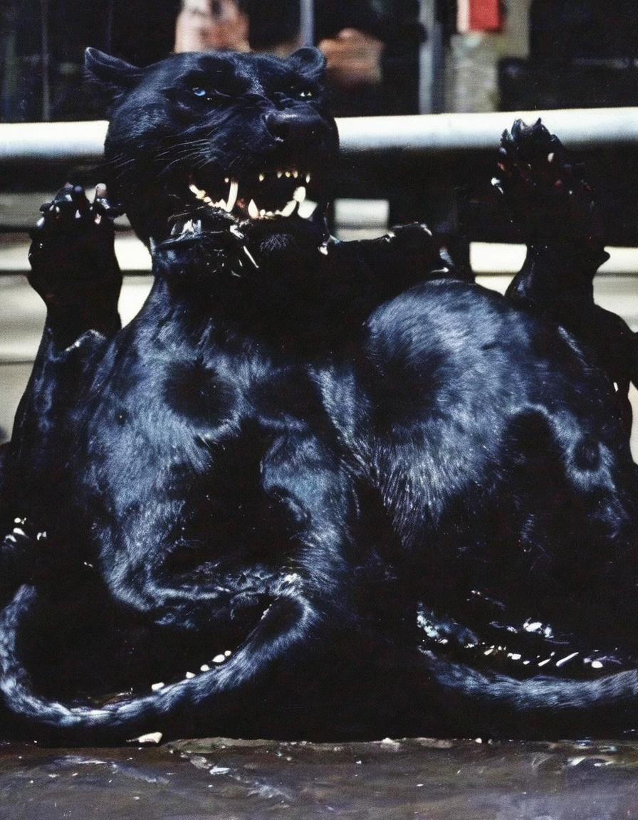 sits near giant black panther on new york street at night