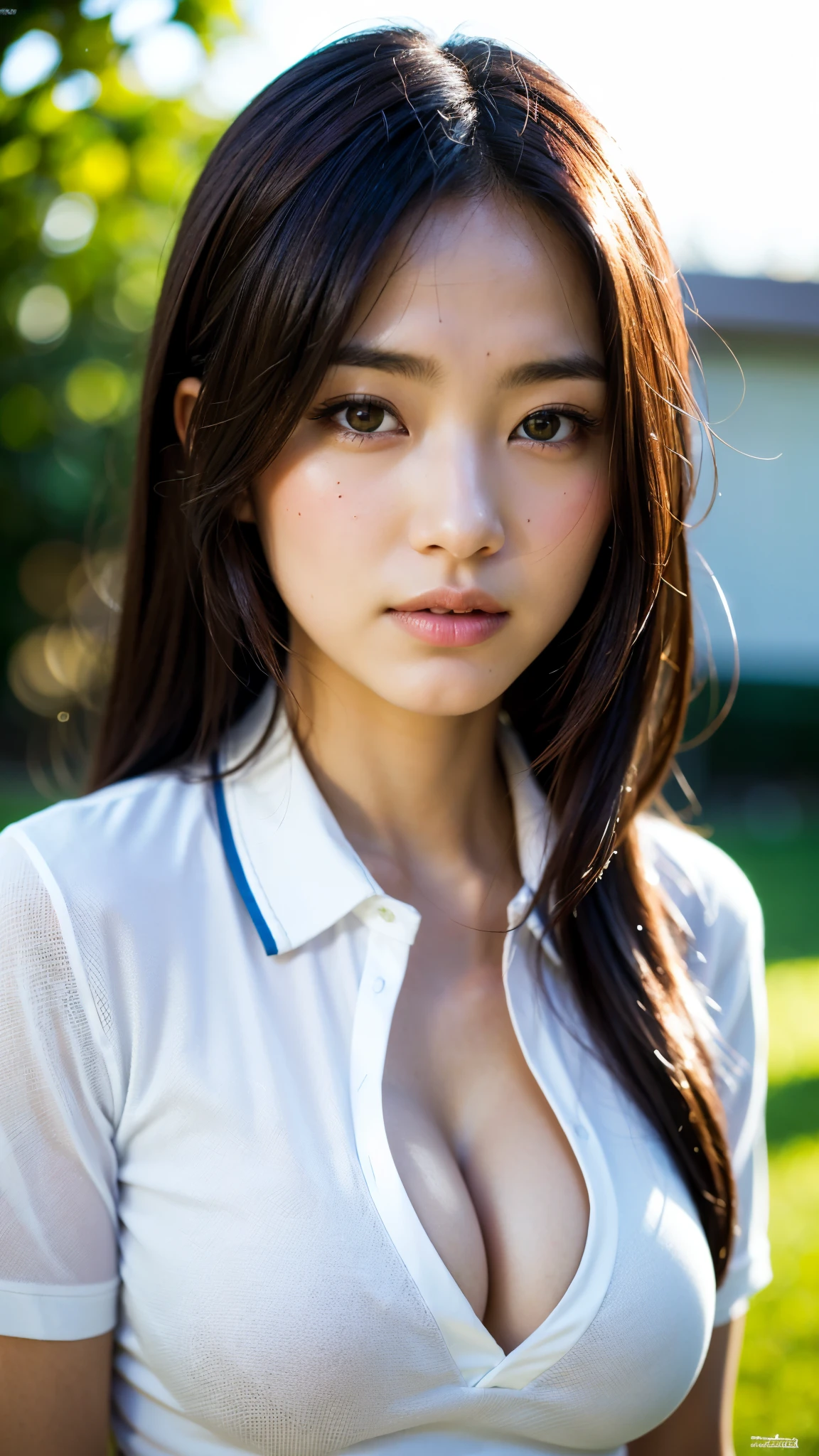 (masterpiece),(Highest quality:1.2),(Very detailed:1.2),(High resolution),(Photorealistic Stick),(RAW Photos),8K,Backlight,(Written boundary depth),(Sophisticated lighting:1.1), (Improving cinematic lighting quality:0.9),Dressed woman photographed,Soft Portrait Photography,Beautiful Japanese Woman,whole bodyポートレート,(Eye light,Sharp pupils,Detailed eye drawing,)Very beautiful face,(Detailed skin texture:1.3),(Beautiful portrait:1.2),A lovely and delicate face,Beautiful young Japanese woman,Random hairstyle,((Large Breasts:1.3)),Look at this,front,((whole body)),BREAK(Very short polo shirt),((Countryside summer resort))