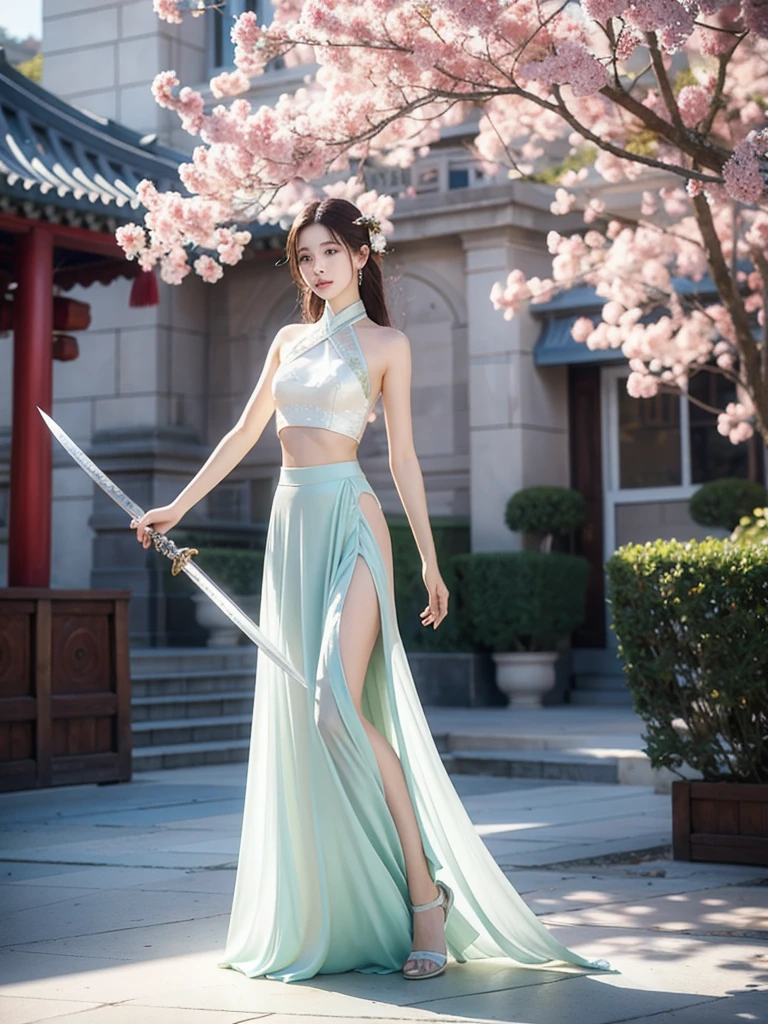 jade sculpture，Texture，Transparency，Light transmission，Matte，white jade，Commercial Photography，栩栩如生的中国风Beauty，Elegant posture，Fashion，3d，Still Life Photography，High Definition Rendering，Pastel colors，Lossless image quality，Exquisite，Real structure，Ultra-high-definition picture quality，Chinese fairy flying skirt，Beauty，Sword Master，whole body，Morning Sunshine，Pavilion background