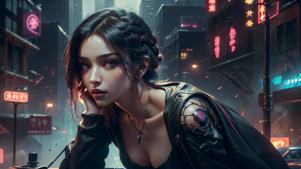 (masterpiece), (best quality), (very detailed), ((1 female assassin)), (cyberpunk), future city background, detailed eyes, Detailed nose, Detailed lips, perfect face, perfect body, Place a small person on the left in a picture of revealing clothing., landscape