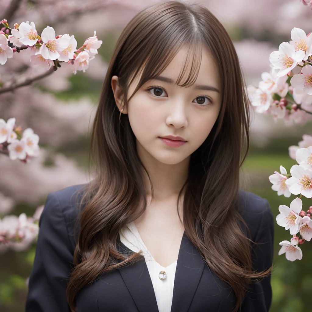(masterpiece、High resolution、High resolution、超High resolution、delicate、16K、Perfect lighting、sunlight）1 female（Age 25、Brown Hair、Long Hair、Curly Hair、Clear Eyes、Thick lips、slim、thin、OL、suit）garden、cherry blossoms、cherry blossoms並木