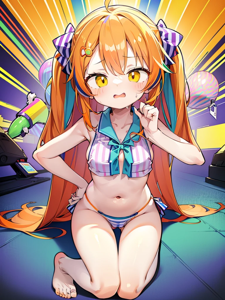 anime style,hyper cute girl wearing bikini,(((((Seven stripes, seven colors of stripes))))), (((red, orange, yellow, green, blue, indigo and purple)))
