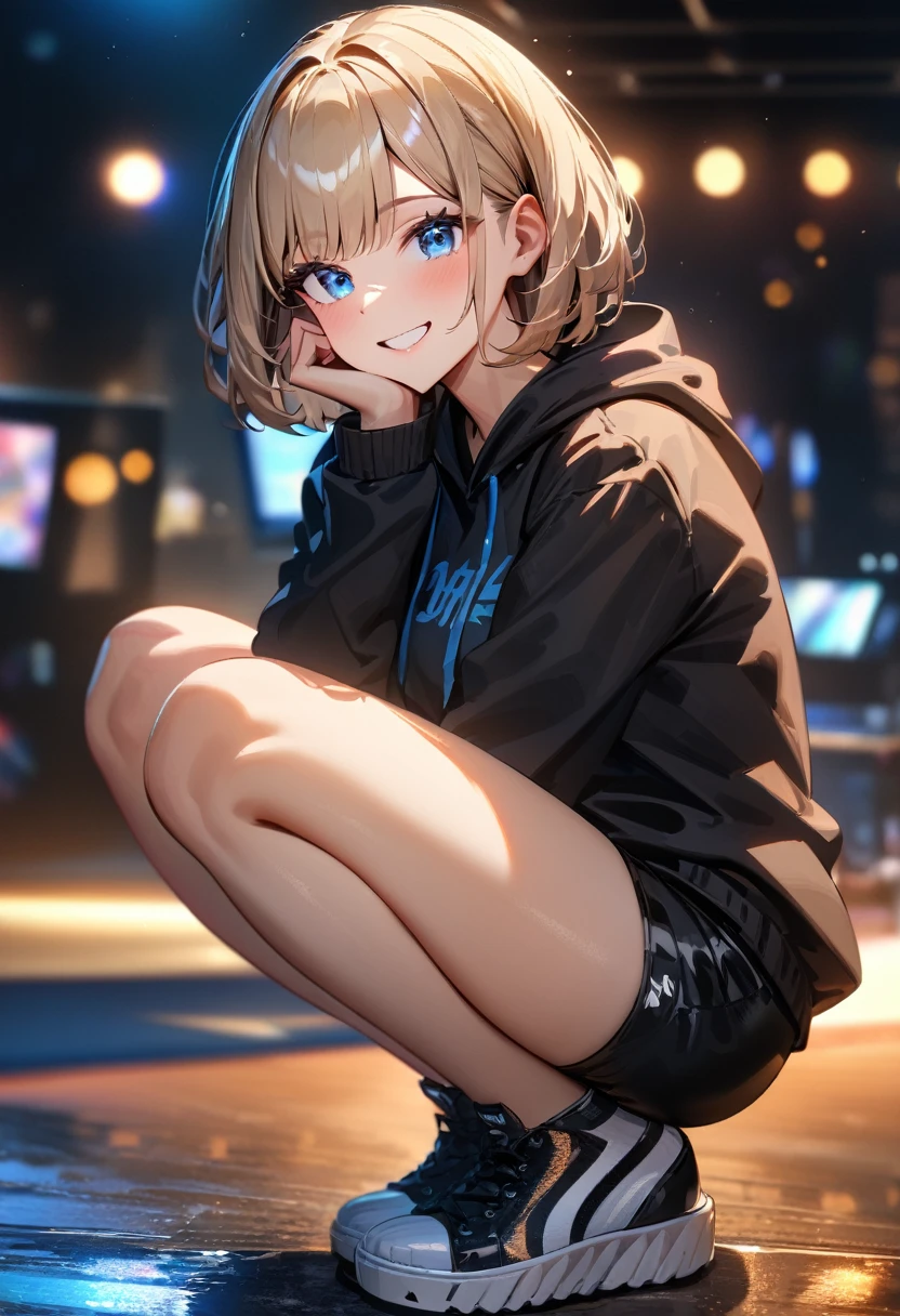 (((One girl))), Shibuya, street, blond hair, bob cut, (looking at viewer), (((full body))), squatting, spread legs, head rest, breasts, teenager, head tilt:1.3, (((blue eye))), constricted pupils, (from side:1.3), ((happy smile)), (((black hoodie:1.3, black shorts:1.3))), bare legs, ((black platform high cut sneakers)), anime style, (best quality, 4k, 8k, highres, masterpiece:1.2, ultra-detailed, ultra-detailed eyes, HDR, UHD, studio lighting, ultra-fine painting, sharp focus, physically-based rendering, extreme detail description, professional, vivid colors, bokeh)