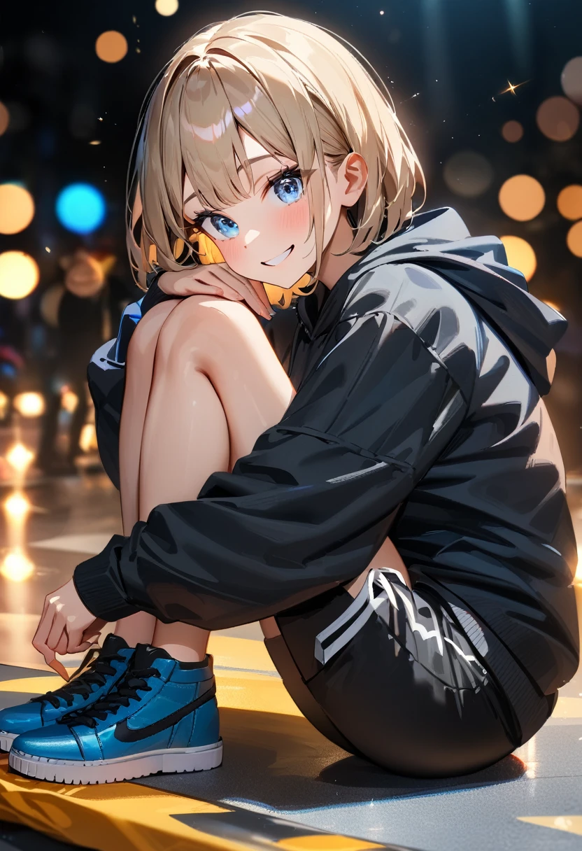 (((One girl))), Shibuya, street, blond hair, bob cut, (looking at viewer), (((full body))), squatting, spread legs, head rest, breasts, teenager, head tilt:1.3, (((blue eye))), constricted pupils, (from side:1.3), ((happy smile)), (((black hoodie:1.3, black shorts:1.3))), bare legs, ((black platform high cut sneakers)), anime style, (best quality, 4k, 8k, highres, masterpiece:1.2, ultra-detailed, ultra-detailed eyes, HDR, UHD, studio lighting, ultra-fine painting, sharp focus, physically-based rendering, extreme detail description, professional, vivid colors, bokeh)