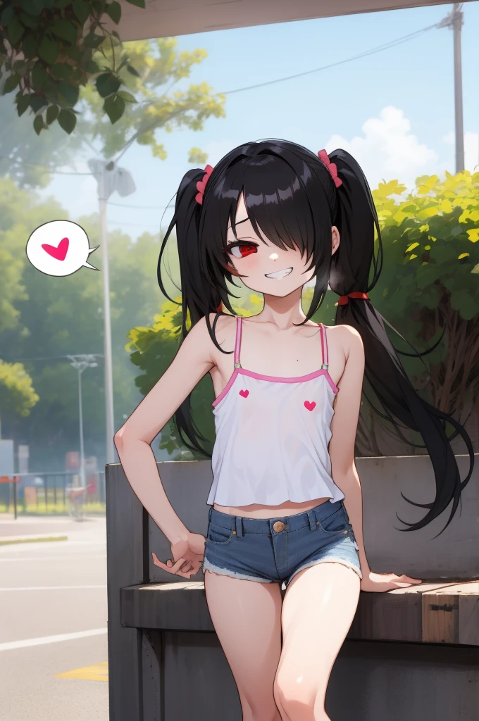 1girl,solo,,looking at viewer,tokisaki kurumi,black hair,hair over one eye,very long hair,,red eyes,,low twintails,,spoken heart,***,(petite),flat chest,grin,outdoor,camisole,denim shorts,socks,(nsfw)