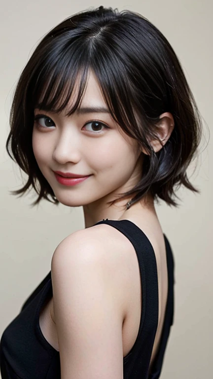((Highest quality、masterpiece、High resolution))、(((Zoom photo of upper body、Black Hair)))、(A shy smile:1.2)、One Woman、Beautiful Skin、Beautiful Eyes, Black Dress、Shorn bangs、short hair