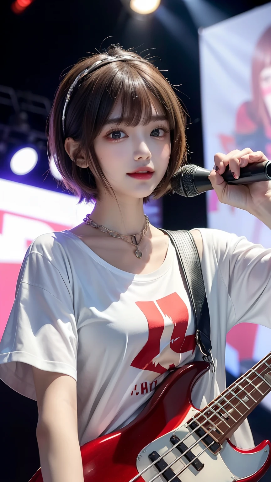 ((highest quality))、(masterpiece:1.4)、Raw photo、8K、((best image quality))、 ((High resolution))、Beautiful face in every detail、realistic human skin、gentle expression、(one woman:1.3 )、realistic、Photoreal、(very short hair:1.4)、(play the bass guitar:1.3)、(on stage:1.3)、((perform at a live concert))、(chain collar:1.35)、Wristband、bracelet、((young woman admires her))、(live music)、(concert)、she has many fans、rock band、(Beautiful woman)、(cute japanese girl)、(boyish:1.3)、(mannish)、((Beautiful woman))、(beautiful hair)、((dark brown hair))、(((red cheeks)))、(Big eyes:1.3)、20 year old beauty、(her face is small:1.5 )、small head、((long neck))、white skin、spotless skin、With bangs、everyone admires、Beautiful woman in Japan、((8 heads tall))、(music festival:1.4)、singer、(concert t-shirt)、smile、(oversized clothes:1.3)、happy look、(young people admire her:1.4)