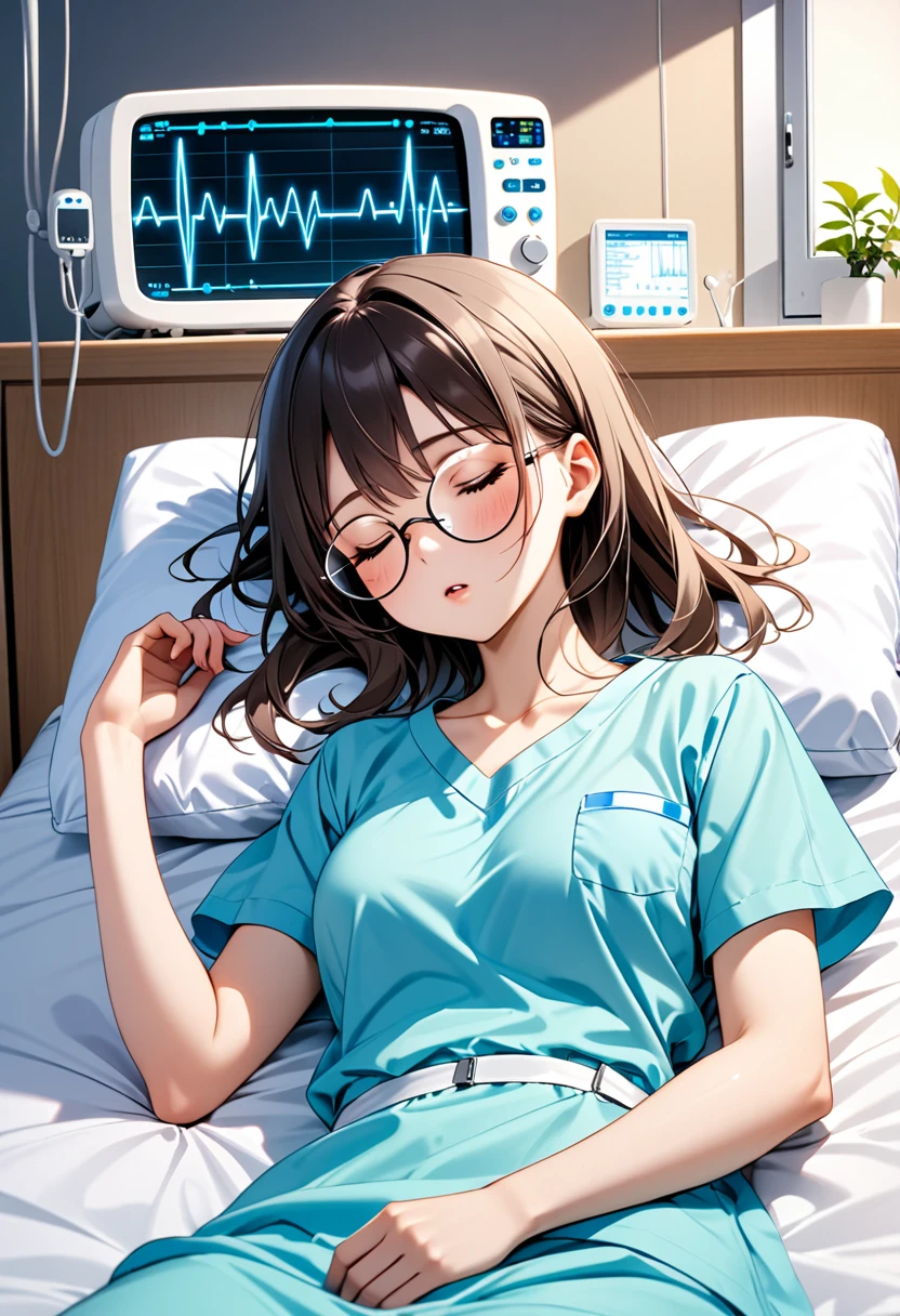 cute、low length、hospital着、Round Glasses、girl、hospital、On the bed、Are sleeping、electro-cardiogram