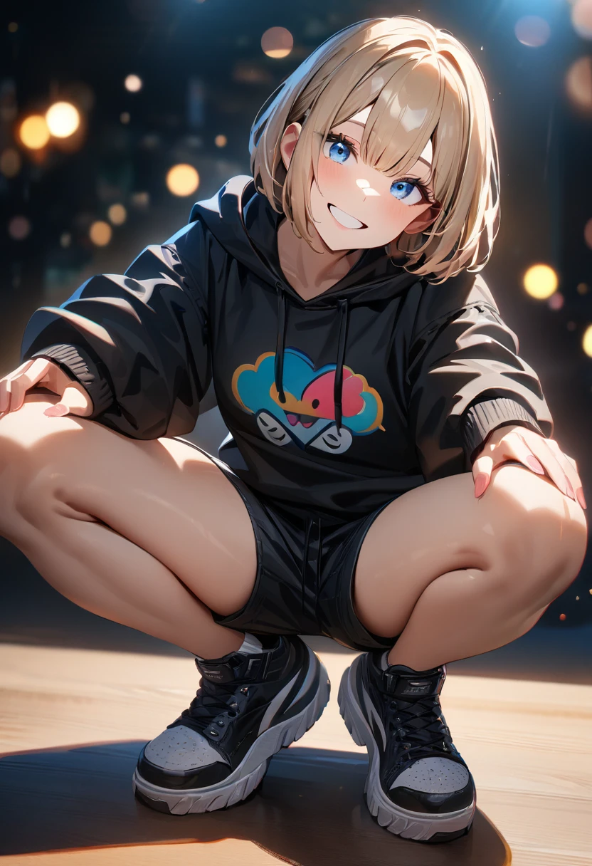 (((One girl))), Shibuya, street, blond hair, bob cut, (looking at viewer), (((full body))), squatting, spread legs, breasts, ager, head tilt:1.3, (((blue eye))), constricted pupils, (from side:1.3), ((happy smile)), (((black hoodie:1.3, black shorts:1.3))), bare legs, ((black platform high cut sneakers)), anime style, (best quality, 4k, 8k, highres, masterpiece:1.2, ultra-detailed, ultra-detailed eyes, HDR, UHD, studio lighting, ultra-fine painting, sharp focus, physically-based rendering, extreme detail description, professional, vivid colors, bokeh)