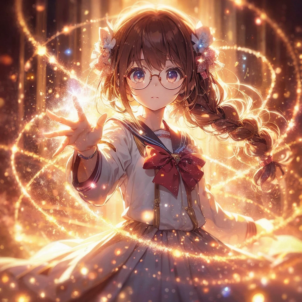 Japanese anime、Magical girl{Glasses、Brown eyes、Hairstyle with one braid、Brown Hair}Transformation scene、Shining light particles surround the girl&#39;s entire body。Strong shining light beam background
