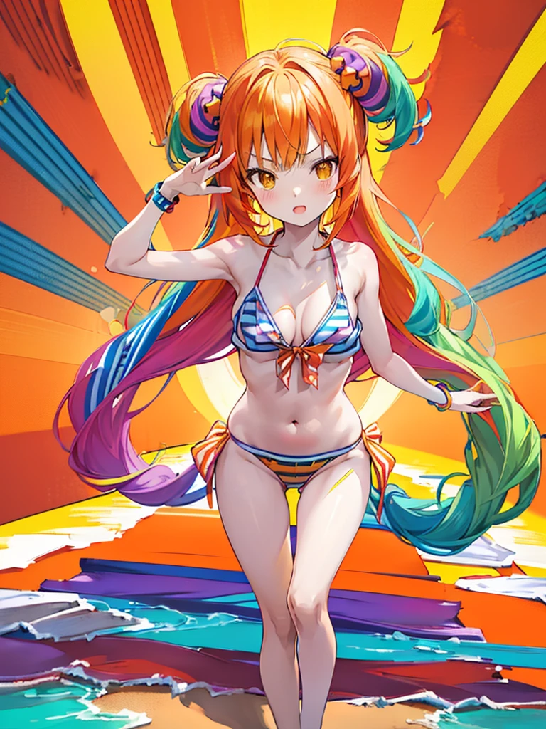 anime style,hyper cute girl wearing bikini,(((((Seven stripes, seven colors of stripes))))), (((red, orange, yellow, green, blue, indigo and purple)))