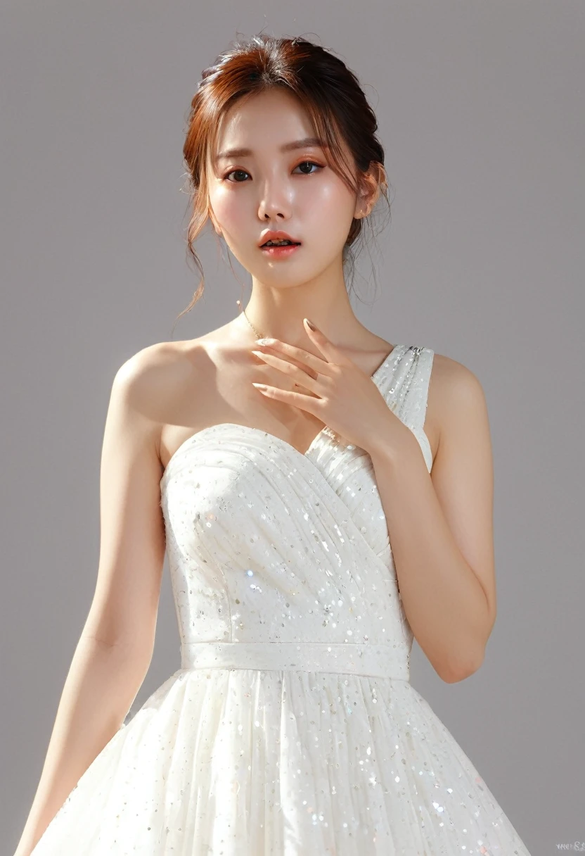 (8K、RAW Photos、Highest quality、Masterpiece: 1.2)Highest quality, masterpiece, Ultra-high resolution、1 female((masterpiece, Highest quality)),(One personで:1.2),(One girl:1.2),((32K Wallpapers, Very detailed)),,(((The perfect one and only lady))),(((portfolio,close))),(((Front face))),(((Upper Body))),((highlight)),(((One person))),(((Full face))),(((Perfect composition))),((Gradient Eye)),Sparkling.Light leakage, (((Bring your fingers to your mouth))), (((White Dress)))