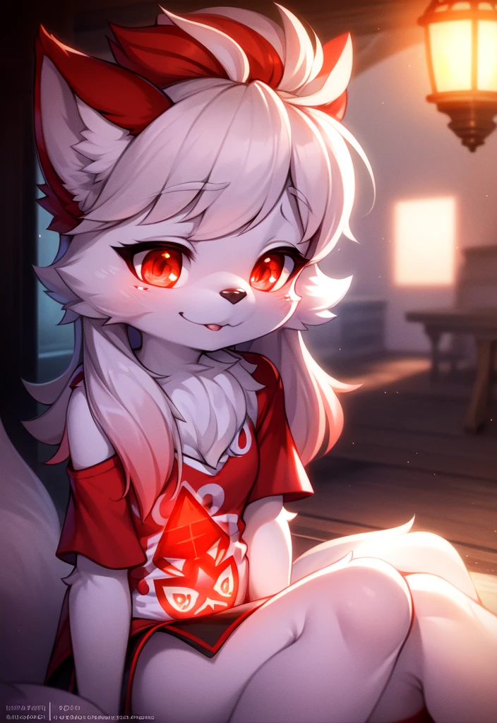 furry, white fur, ultra cute face, red elements on fur, glowing t-shrt, beautiful lights and shadows, ambient light, ultra detailed fur, volumetric light