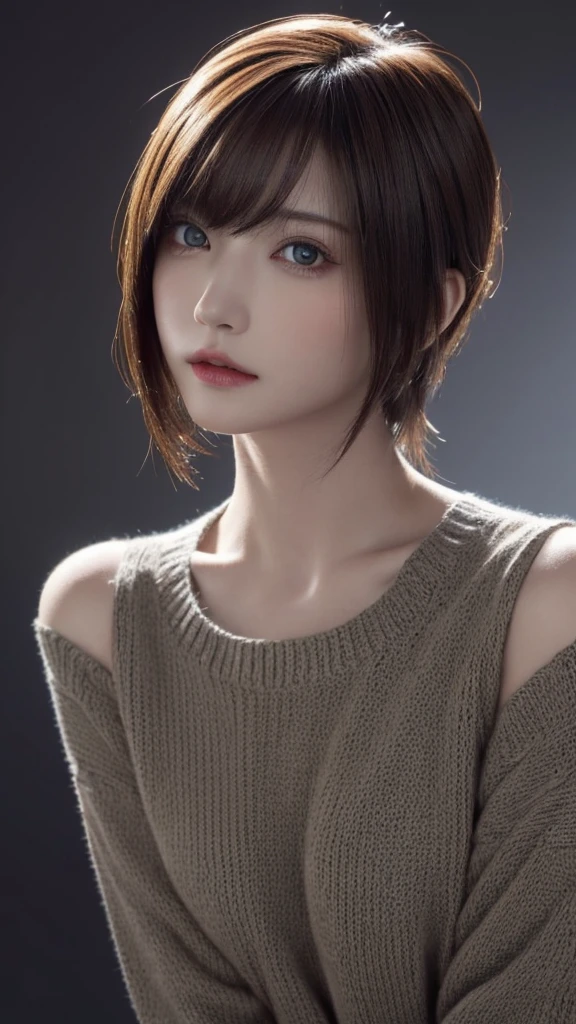 masterpiece, 1 beautiful girl, detailed, Swollen eyes, highest quality, 超A high resolution, (reality: 1.4), original photo, 1 girl, movie lighting, (laughter:0.6), Japanese, Asian Beauty, Korean, Proper, very very beautiful, a little young face, beautiful skin,orange hair、 slender and big, black sweater、cyberpunk background, (Ultra-realistic), (enlightenment), (High resolution), (8K), (Very detailed), (The best enlightenmentns), (Beautifully detailed eyes), (Super detailed), (wallpaper), (Detailed face), looking at the viewer, Detailed, detailed face、deep shadow、Inconspicuous、Pure erotic face ace_v1、46 point diagonal bangs、look straight ahead、neat clothes、black eyes、