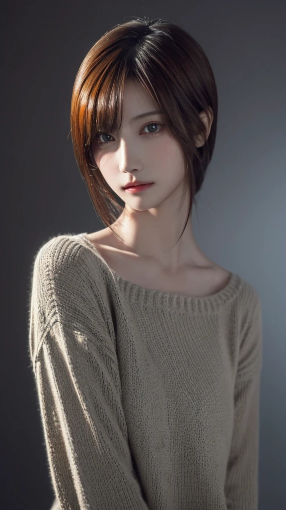 masterpiece, 1 beautiful girl, detailed, Swollen eyes, highest quality, 超A high resolution, (reality: 1.4), original photo, 1 girl, movie lighting, (laughter:0.6), Japanese, Asian Beauty, Korean, Proper, very very beautiful, a little young face, beautiful skin,orange hair、 slender and big, black sweater、cyberpunk background, (Ultra-realistic), (enlightenment), (High resolution), (8K), (Very detailed), (The best enlightenmentns), (Beautifully detailed eyes), (Super detailed), (wallpaper), (Detailed face), looking at the viewer, Detailed, detailed face、deep shadow、Inconspicuous、Pure erotic face ace_v1、46 point diagonal bangs、look straight ahead、neat clothes、black eyes、