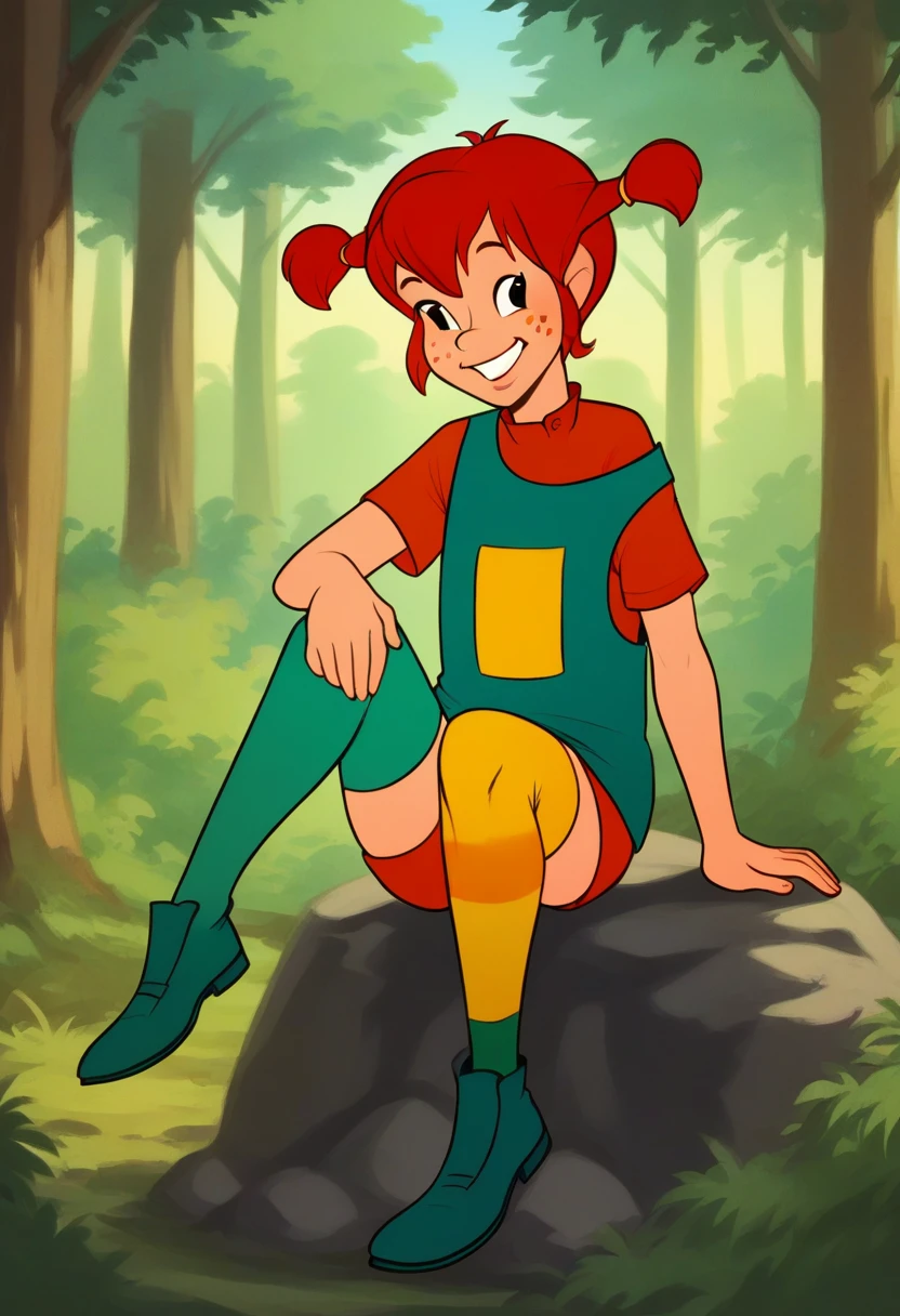 score_8_up, BREAK, Pippi, 1girl, solo, red hair, short twintails, black eyes, freckles, green t-shirt, yellow yellow overalls, thighhighs, mismatched legwear, multicolored legwear, on right leg green legwear, on left leg orange legwear , asymmetrical legwear, forest, blurry background, sitting on rock, smiling,