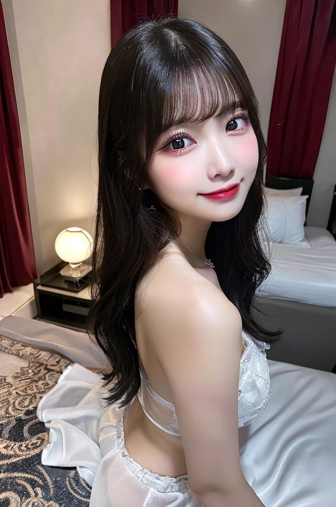 Browsing Caution、(((full body)))、Big Tits、negligee、Downlight、double eyelid、Highest quality, Very detailed, Fine details, High resolution, 8K, Perfect dynamic composition, Beautiful details, ,Natural color lip, A shy smile,Beautiful 20 year old woman、The only person, Cute type、Long black hair、Glamorous Body、Hotel