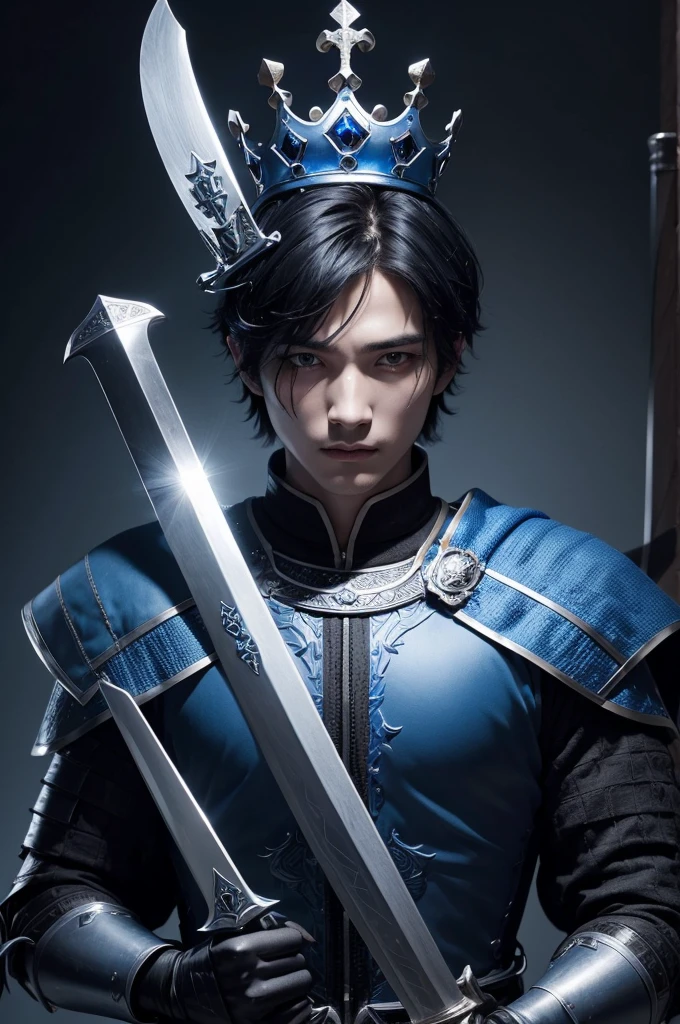 A knight man with blue parts with his face appearing from short black hair holding a sword and a crown 👑