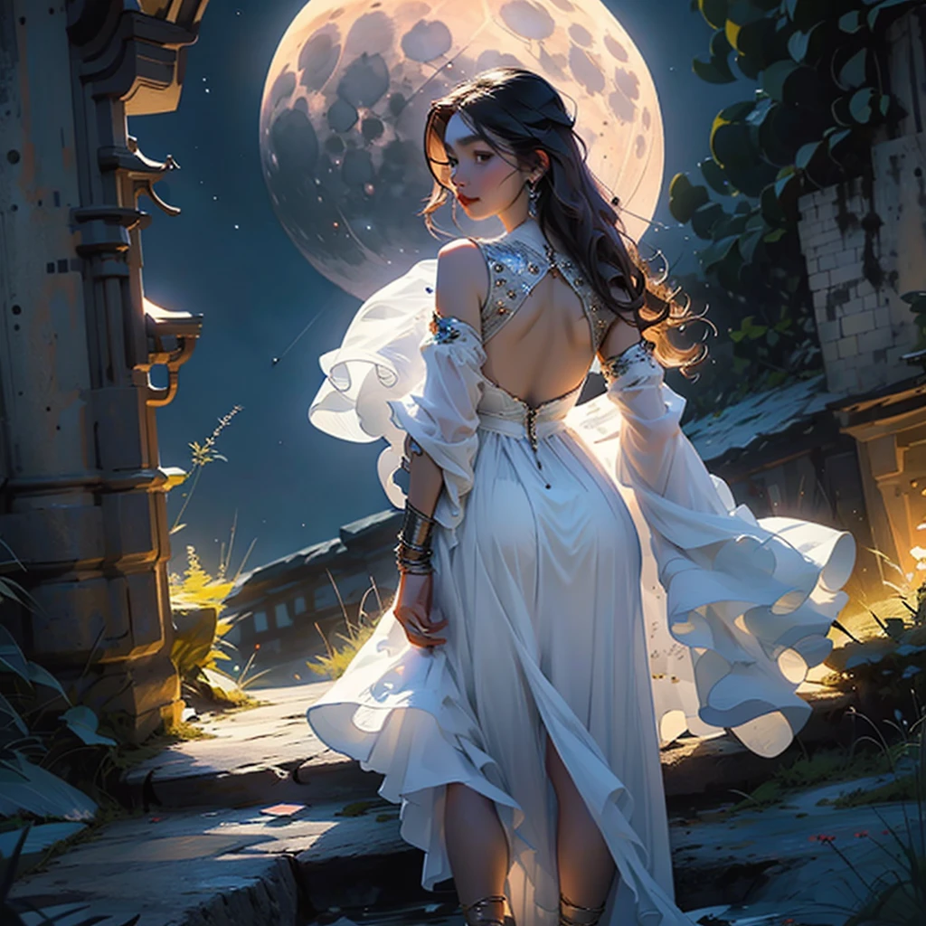 A girl in a long dress stands with her back, milk hair, girl looking at the moon, moon with eyes, rocks, big moon in the sky, night, stars, beautiful color combination of sunset and night