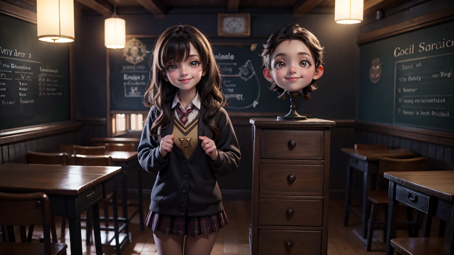 cute smiley bright face girl with standing pose, in harry potter classroom, harry potter classroom