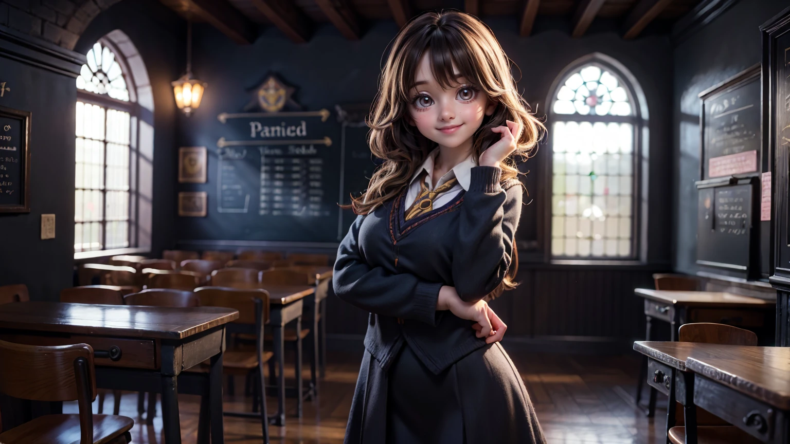 cute smiley bright face girl with  standing pose,  in harry potter classroom, harry potter classroom