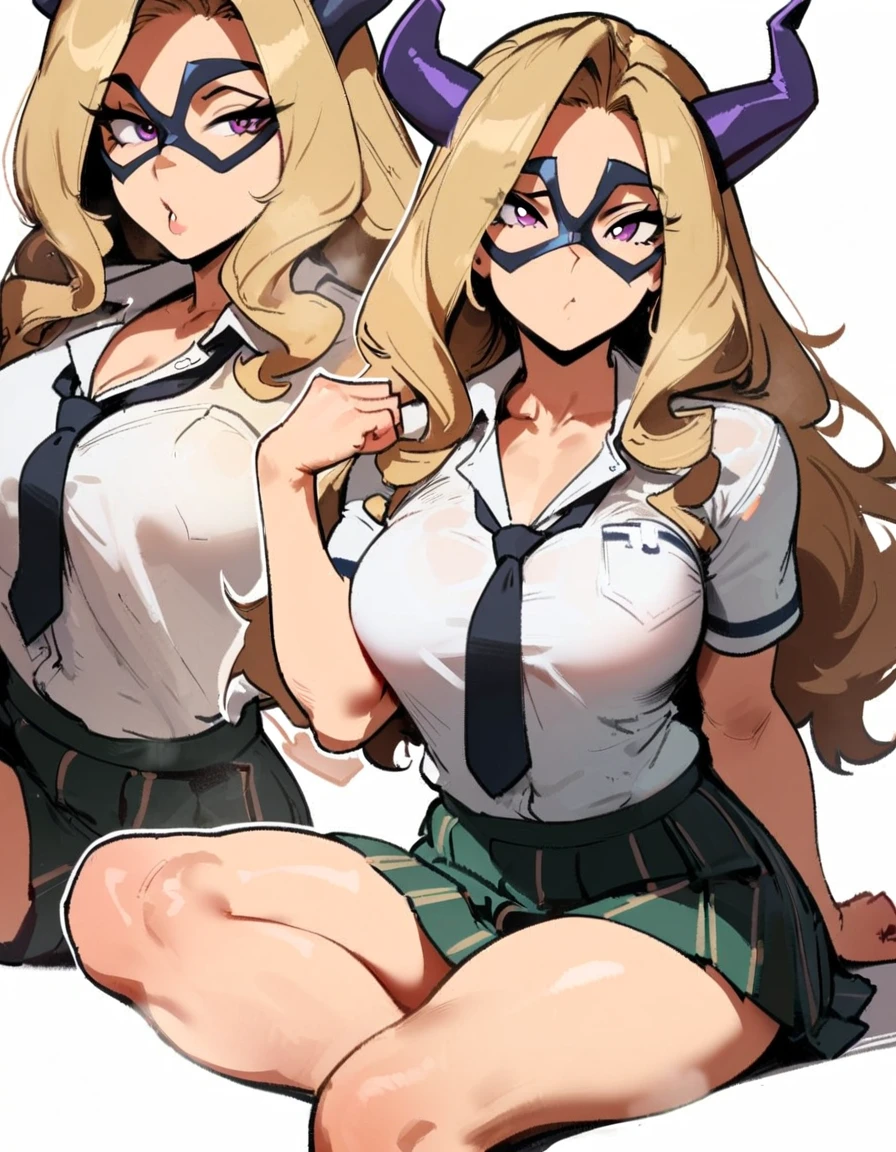 1girl, mount lady, boku no hero academia \\\\\ masterpiece, best quality, very aesthetic, absurdres, newest \\\\\\ sportive body, \\\\\\ by dodok, nyantcha, cutesexyrobutts, by khyle ///// blonde, purple eyes, (school uniform:1.2), skirt, , 24 years old, white background,tie,sit