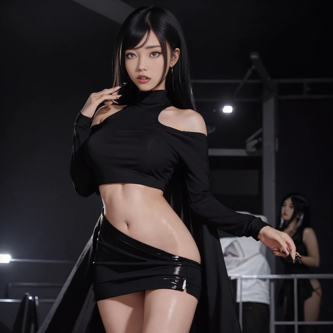 4k-ultra clear、highest quality, Artwork, Ultra high resolution, (Reality: 1.4), hot girl, sexy eyes, Off-shoulder sweater dresses, cinematic lighting、purple and black hair、(My girl、makeup goth、My makeup)、(Pierced ears、Big breasts、Oversized black open-shoulder t-shirt dark mini-skirt)、((dark makeup、Oily skin, glossy skin、Realistic skin texture、detailed beautiful skin、glossy skin)), big hips, thick thighs, thick legs, area dark city center at night、Kabukicho、Dark Cyberpunk、(Sharp shot:1.8)、Slim legs、Thin arms、Thin shoulders、Slim waist、Slender body、Large breasts、Full body 