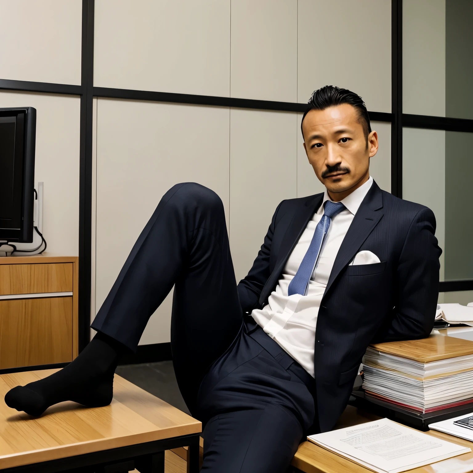 40 years old，Hidetoshi Nakata，（Kogoro Mori 1.2），male，office，Topless，（Black socks:1.2），Densely hairy，Bright，Raised，Fortitude，Suit，whole body，Fortitude，HD，With a mustache，