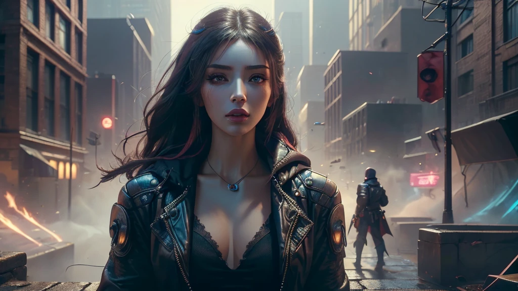 (masterpiece), (best quality), (very detailed), ((1 female assassin)), (cyberpunk), future city background, detailed eyes, Detailed nose, Detailed lips, perfect face, perfect body, Place a small person on the left in a picture of revealing clothing., landscape