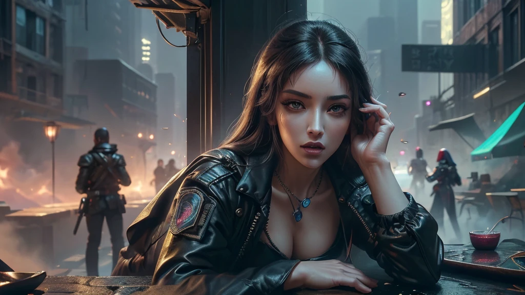 (masterpiece), (best quality), (very detailed), ((1 female assassin)), (cyberpunk), future city background, detailed eyes, Detailed nose, Detailed lips, perfect face, perfect body, Place a small person on the left in a picture of revealing clothing., landscape