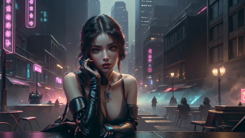 (masterpiece), (best quality), (very detailed), ((1 female assassin)), (cyberpunk), future city background, detailed eyes, Detailed nose, Detailed lips, perfect face, perfect body, Place a small person on the left in a picture of revealing clothing., landscape