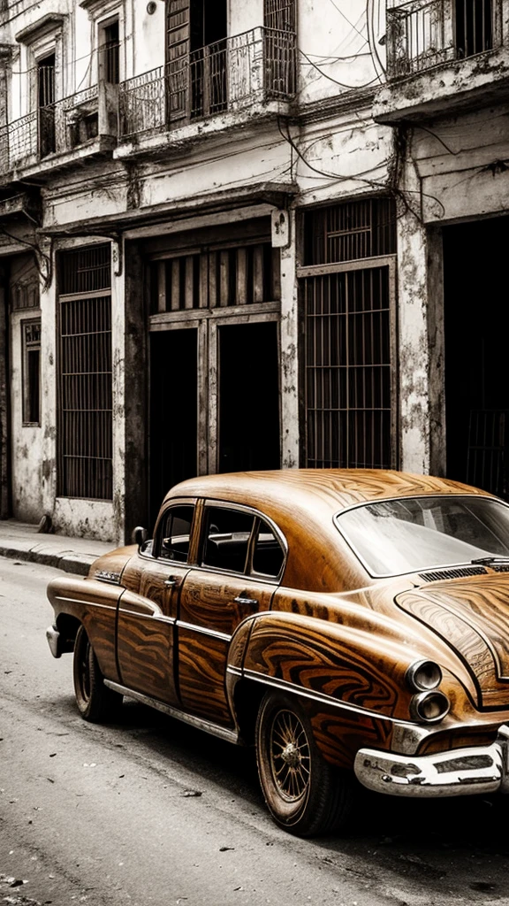 Pyrography on wood from an old car in Havana. urban landscape. monochrome. 