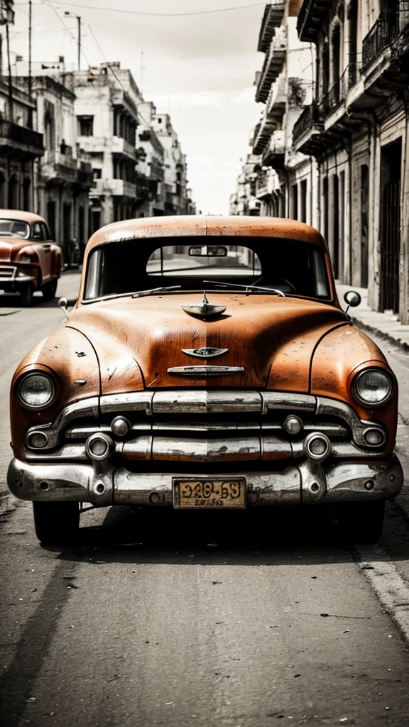 Pyrography on wood from an old car in Havana. urban landscape. monochrome.