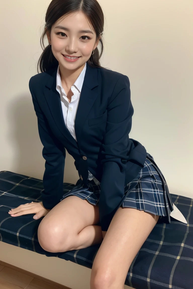 (8k), (highest quality: 1.2), (Realistic), (Realistic: 1.37), Ultra-high resolution, (1 girl), cute, blush,Embarrassed smile, Beautiful details, Beautiful Nose, black straight Hair, ponytail hairstyles,Giant Dulcefo, Thighs,Self Snap,University Uniforms,(A simple dark blue blazer:1.4),(dark brown Pleated skirt:1.2),(The skirt and tie are black tartan check pattern.:1.3),(Sitting:1), Sit on the bench,(Hold my feet:1),from the front,knees,(ニーハソックス:1.5)