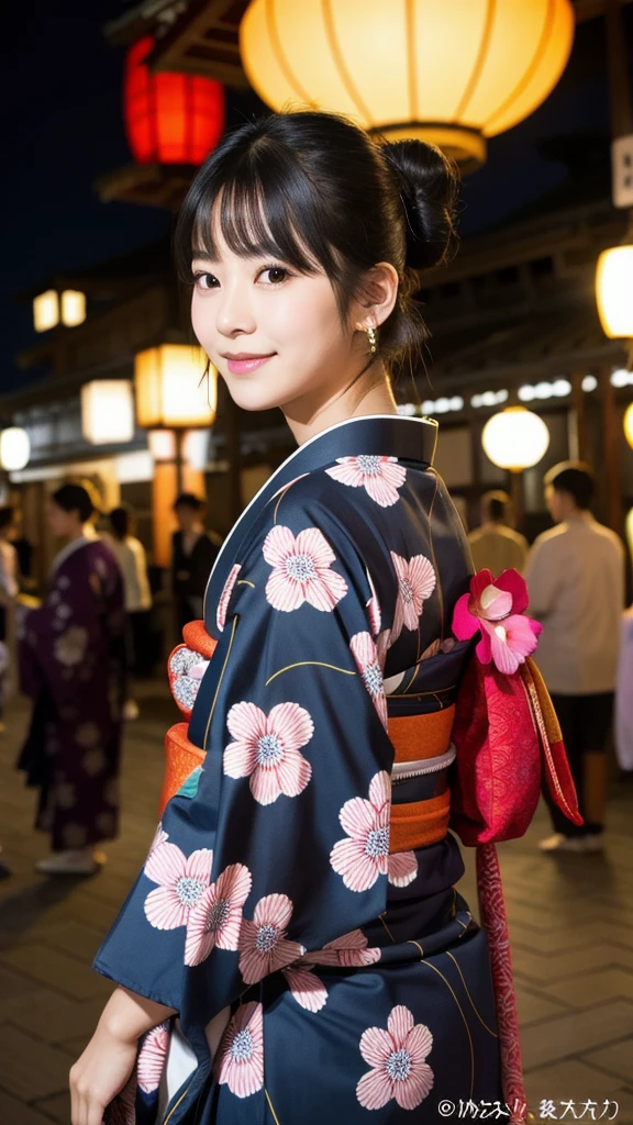(8K, Realistic, RAW Photos, Highest quality: 1.4, detailed),Japanese idol-style beautiful girl,1 person,18-year-old,(Black Hair),Hair is in a bun,Large, clear grey eyes,Long eyelashes,(piercings(small)),(Lip gloss),lips(Plump,glossy),thin long neck,Thin and delicate shoulders,yukata(Japan Traditional Dresses,Long length),Thick obi,Night Festival,View from diagonally behind,Looking back at the camera and smiling,Knee Top Portrait