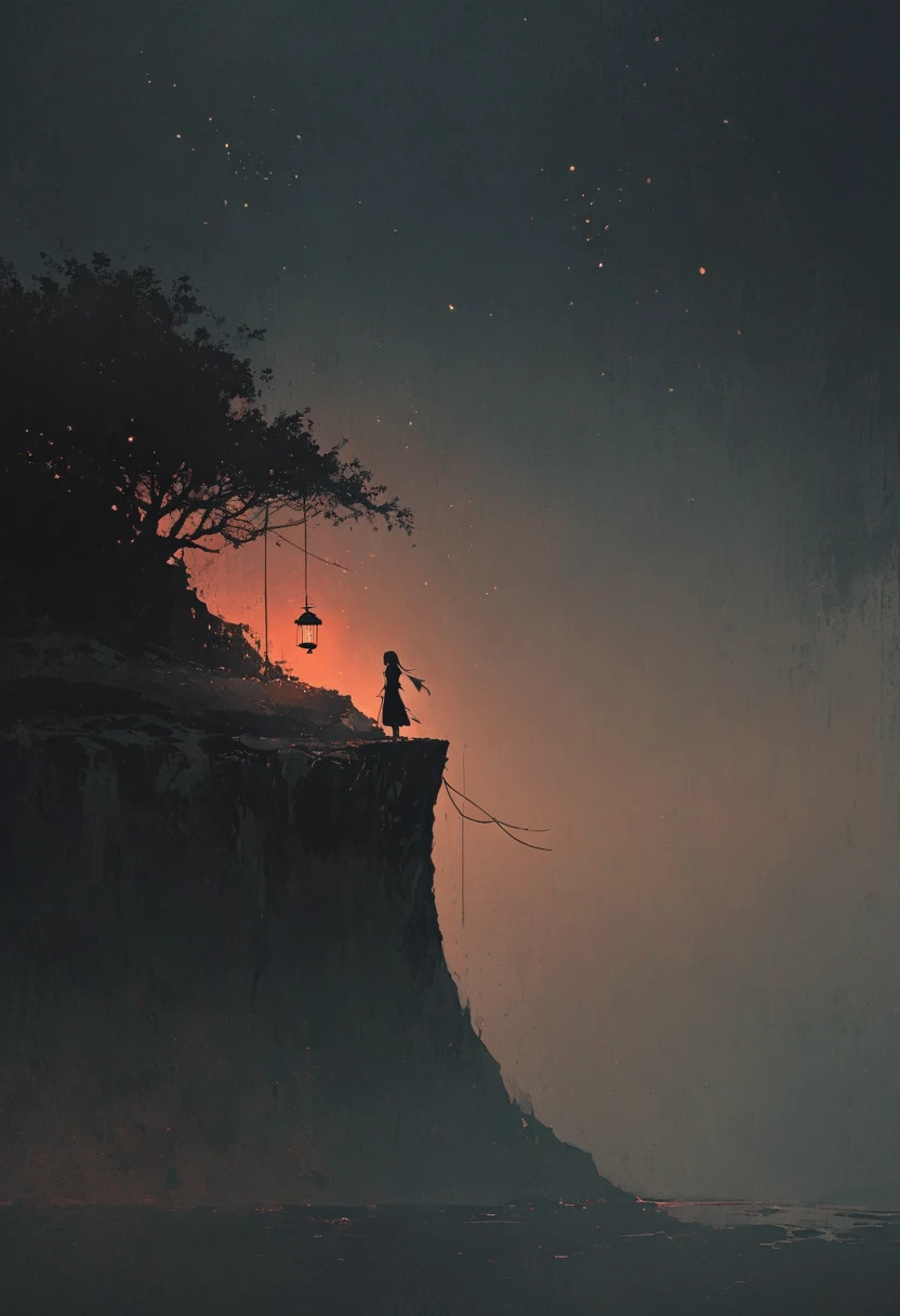 A simple one,Minimalist illustration, girl standing on the edge of the cliff，tassel，Red Kongming lantern floating in the sky，Paper lights，Wishing light，loneliness，On the edge of a cliff,Suspension，bridge，