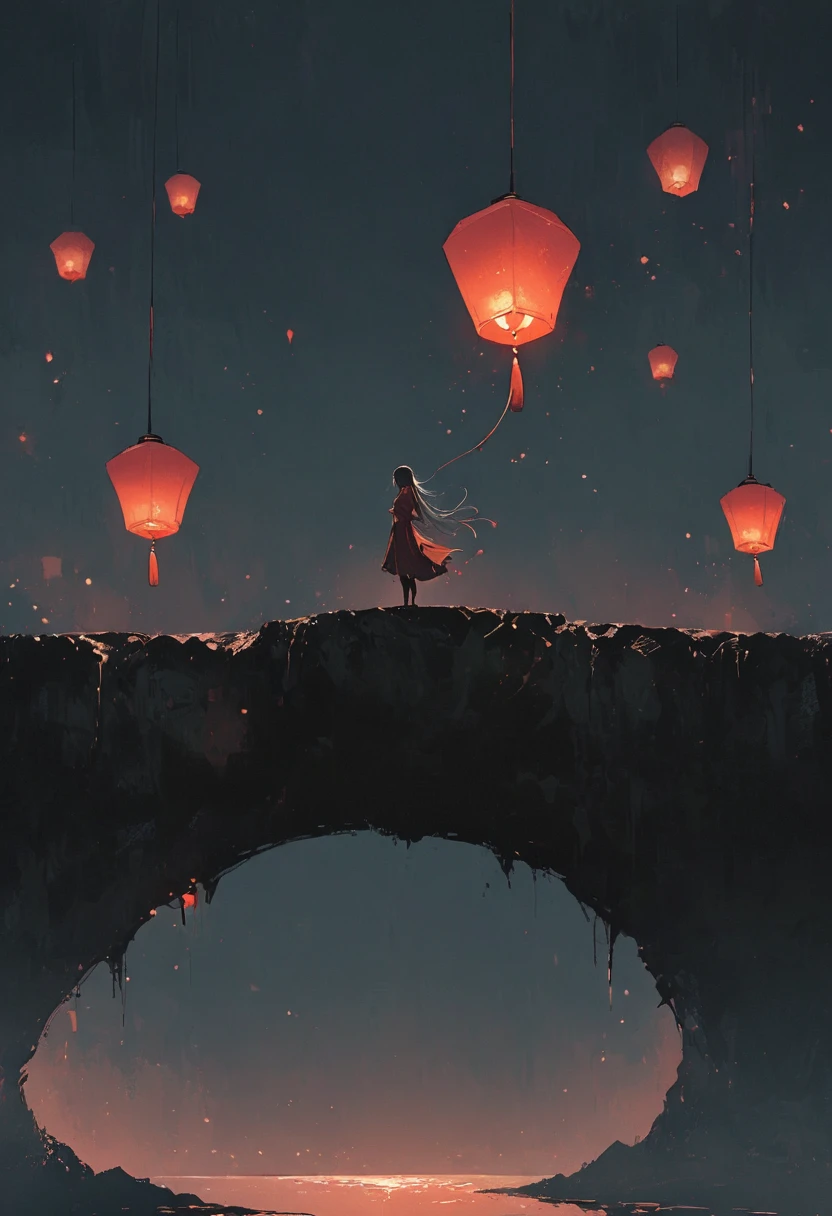 A simple one,Minimalist illustration, girl standing on the edge of the cliff，tassel，Red Kongming lantern floating in the sky，Paper lights，Wishing light，loneliness，On the edge of a cliff,Suspension，bridge，