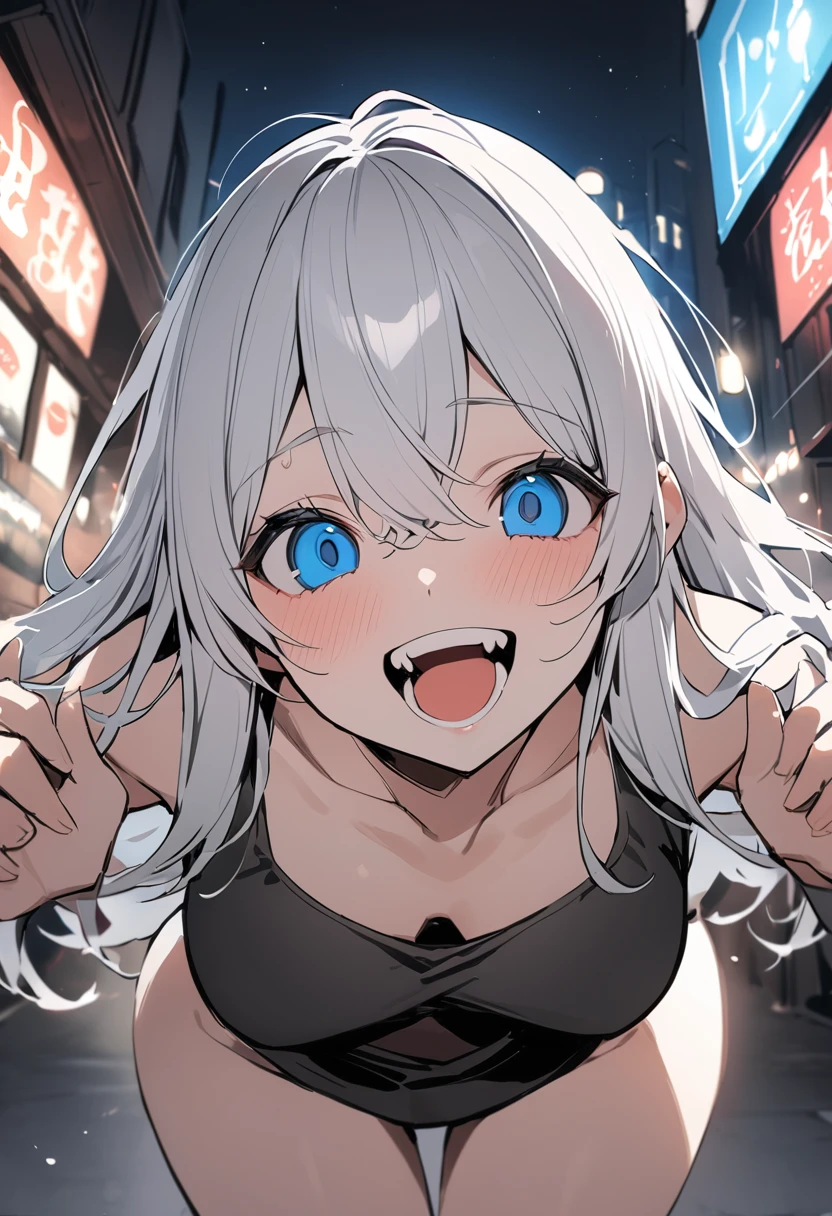 (masterpiece:1.2)、Highest quality、PIXIV、Rebellious girl、One girl、Open your mouth、鋭いteeth、teeth、Long Hair、Street background、Bright blue eyes、Upper Body、smile、Focus on the viewer、Chest in the center、Shoulder Bare、Belly button、Black and white hair color,leaning forward,Night view,Black and white grey outfit,Overflowing drool、saliva、White Breath、Sigh,Pull your mouth with your fingers、An excited look、Long, narrow eyes,fallatio,A world in black and white