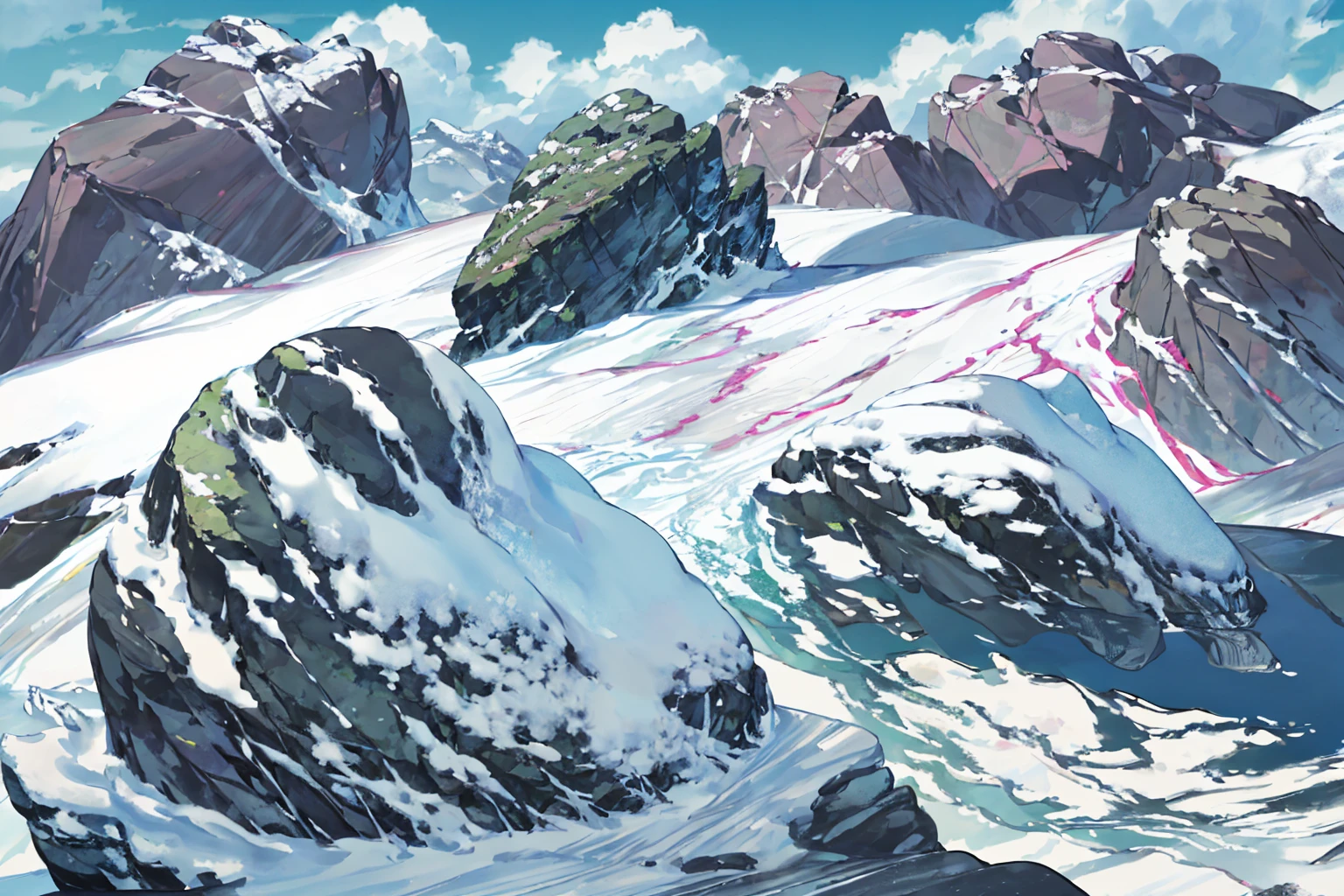 summer, rocky area, rock formation, (illustration : 1.0), Narrative composition, realistic lighting, HD detail, masterpiece, best quality best, (Highly detailed CG integrated 8k wallpaper), wide and flat rocky area, A small, sharp, rough rock at the top of the screen.