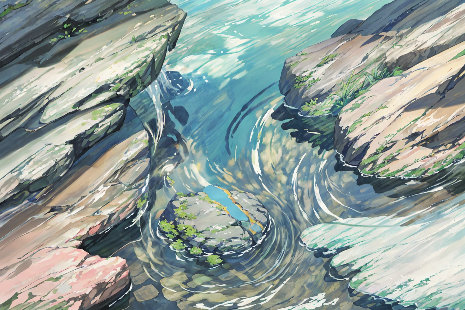 summer, rocky area, rock formation, (illustration : 1.0), Narrative composition, realistic lighting, HD detail, masterpiece, best quality best, (Highly detailed CG integrated 8k wallpaper), wide and flat rocky area, A small, sharp, rough rock at the top of the screen.