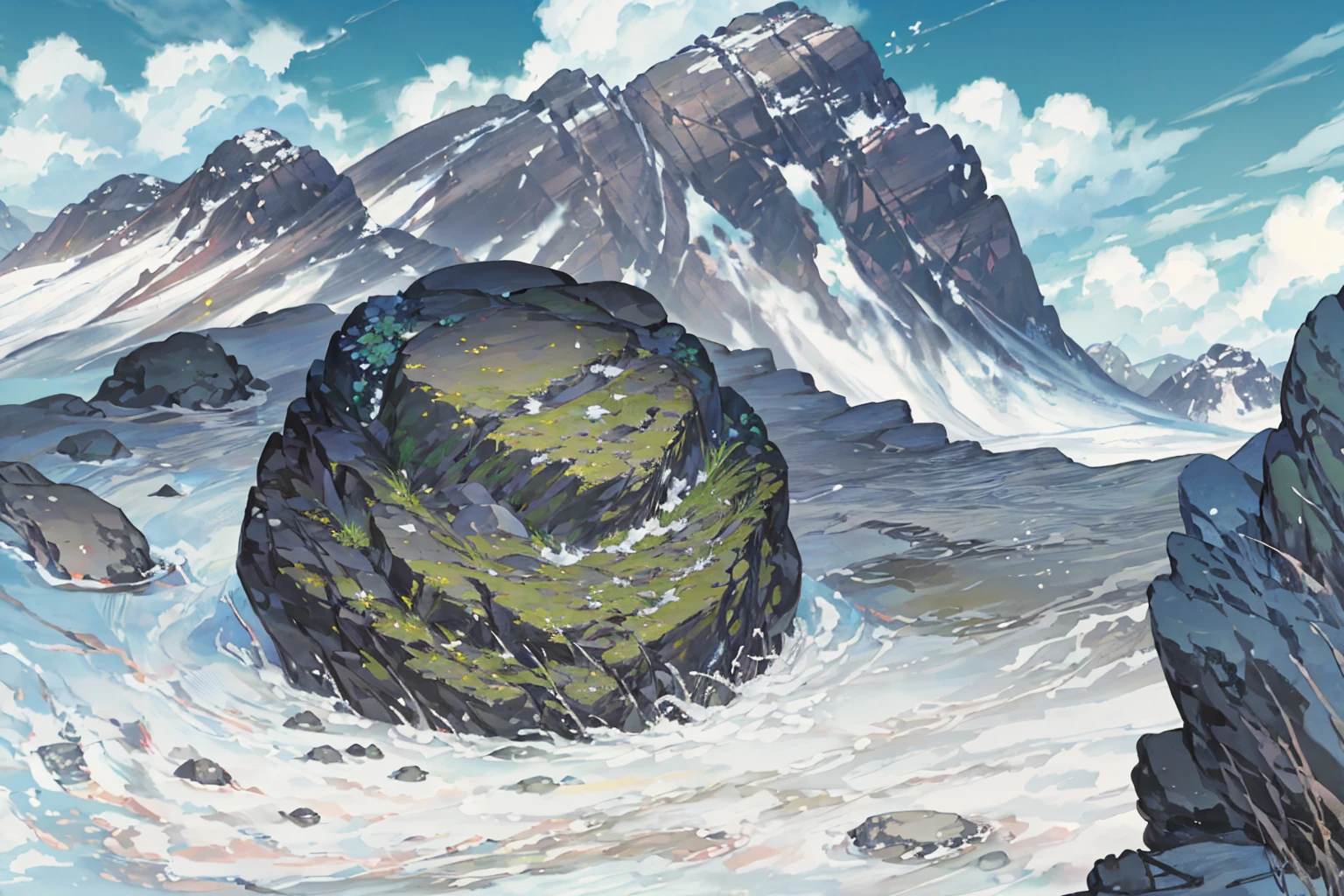 summer, rocky area, rock formation, (illustration : 1.0), Narrative composition, realistic lighting, HD detail, masterpiece, best quality best, (Highly detailed CG integrated 8k wallpaper), wide and flat rocky area, A small, sharp, rough rock at the top of the screen.