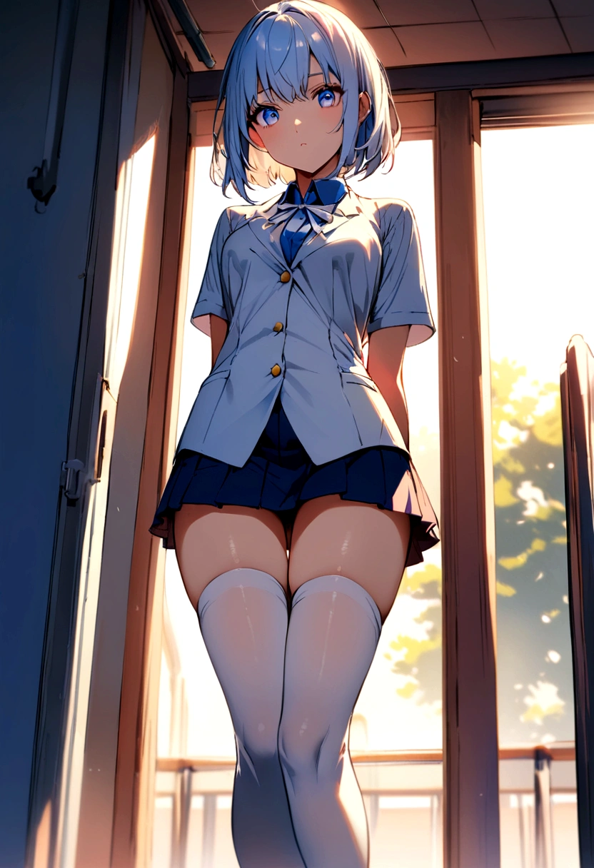 Young woman with short hair, blue eyes, blue eyes, tall body, white , short skirt, white stockings, white ribbon in school.