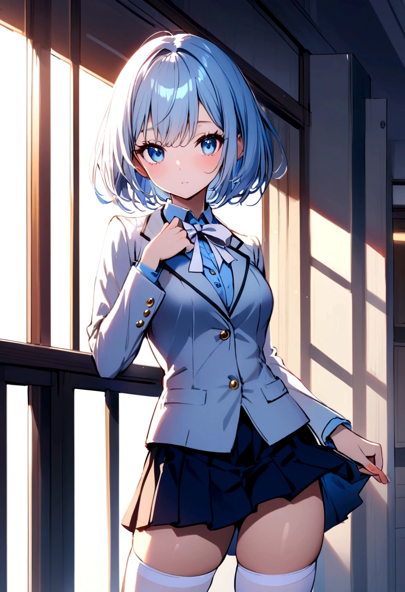 Young woman with short hair, blue eyes, blue eyes, tall body, white , short skirt, white stockings, white ribbon in school.