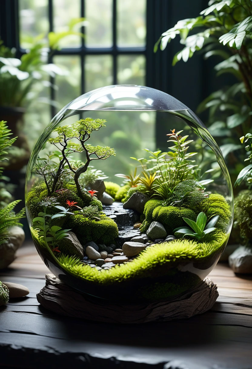 room background, masterpiece, best quality, 8k, professional ,intricated details, detailed, realsitic, boekh , photorealistic, dark shadows, natural light, dramatic, source realistic,
Create an image of a crystal-like resin terrarium. The terrarium is encased in clear, faceted resin that resembles a crystal. Inside, a lush, green moss landscape is preserved, with small pebbles and tiny pieces of driftwood scattered throughout. The crystal resin encapsulation gives the terrarium a multifaceted, gemstone-like appearance, enhancing the vibrant green of the moss and the natural elements within. The overall composition is serene and showcases the beauty of nature preserved in a crystal-like resin. The terrarium is shown in a well-lit environment, highlighting the clarity and details of the resin and the moss inside.