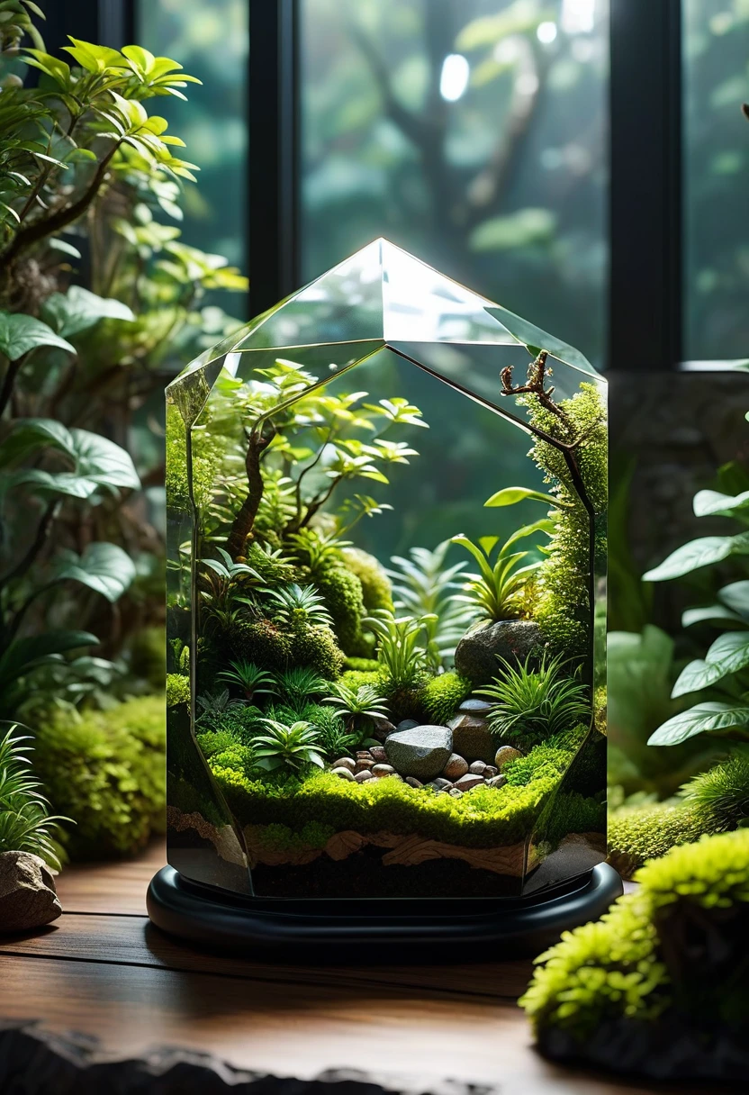 room background, masterpiece, best quality, 8k, professional ,intricated details, detailed, realsitic, boekh , photorealistic, dark shadows, natural light, dramatic, source realistic,
Create an image of a crystal-like resin terrarium. The terrarium is encased in clear, faceted resin that resembles a crystal. Inside, a lush, green moss landscape is preserved, with small pebbles and tiny pieces of driftwood scattered throughout. The crystal resin encapsulation gives the terrarium a multifaceted, gemstone-like appearance, enhancing the vibrant green of the moss and the natural elements within. The overall composition is serene and showcases the beauty of nature preserved in a crystal-like resin. The terrarium is shown in a well-lit environment, highlighting the clarity and details of the resin and the moss inside.