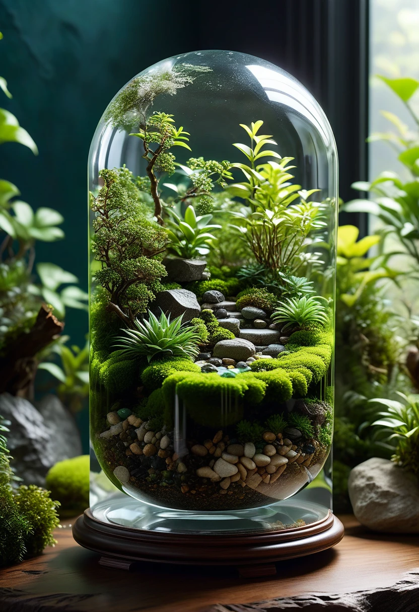 room background, masterpiece, best quality, 8k, professional ,intricated details, detailed, realsitic, boekh , photorealistic, dark shadows, natural light, dramatic, source realistic,
Create an image of a crystal-like resin terrarium. The terrarium is encased in clear, faceted resin that resembles a crystal. Inside, a lush, green moss landscape is preserved, with small pebbles and tiny pieces of driftwood scattered throughout. The crystal resin encapsulation gives the terrarium a multifaceted, gemstone-like appearance, enhancing the vibrant green of the moss and the natural elements within. The overall composition is serene and showcases the beauty of nature preserved in a crystal-like resin. The terrarium is shown in a well-lit environment, highlighting the clarity and details of the resin and the moss inside.