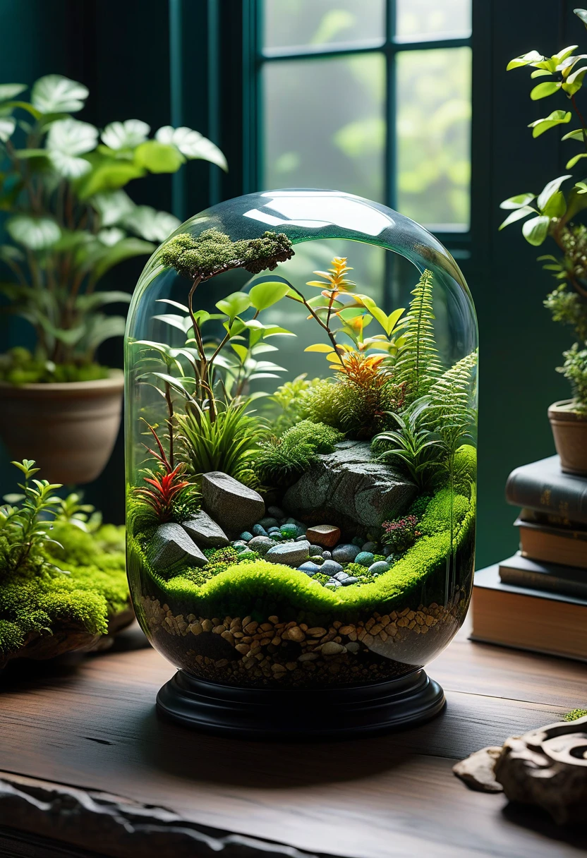 room background, masterpiece, best quality, 8k, professional ,intricated details, detailed, realsitic, boekh , photorealistic, dark shadows, natural light, dramatic, source realistic,

Create an image of a crystal-like resin terrarium. The terrarium is encased in clear, faceted resin that resembles a crystal. Inside, a lush, green moss landscape is preserved, with small pebbles and tiny pieces of driftwood scattered throughout. The crystal resin encapsulation gives the terrarium a multifaceted, gemstone-like appearance, enhancing the vibrant green of the moss and the natural elements within. The overall composition is serene and showcases the beauty of nature preserved in a crystal-like resin. The terrarium is shown in a well-lit environment, highlighting the clarity and details of the resin and the moss inside.