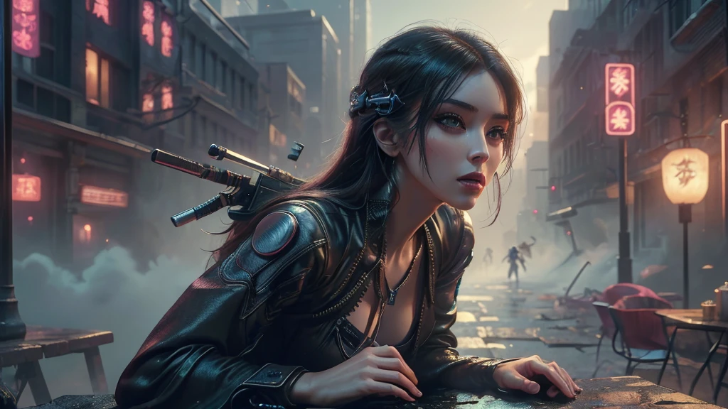 (masterpiece), (best quality), (very detailed), ((1 female assassin)), (cyberpunk), future city background, detailed eyes, Detailed nose, Detailed lips, perfect face, perfect body, Place a small person on the left in a picture of revealing clothing., landscape